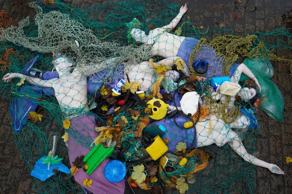 Protesters nets and plastic